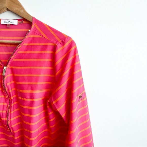 Calvin Klein Blouse Half Zip Pink Orange Stripe Cuffed Sleeves Button Women's M - Picture 6 of 10